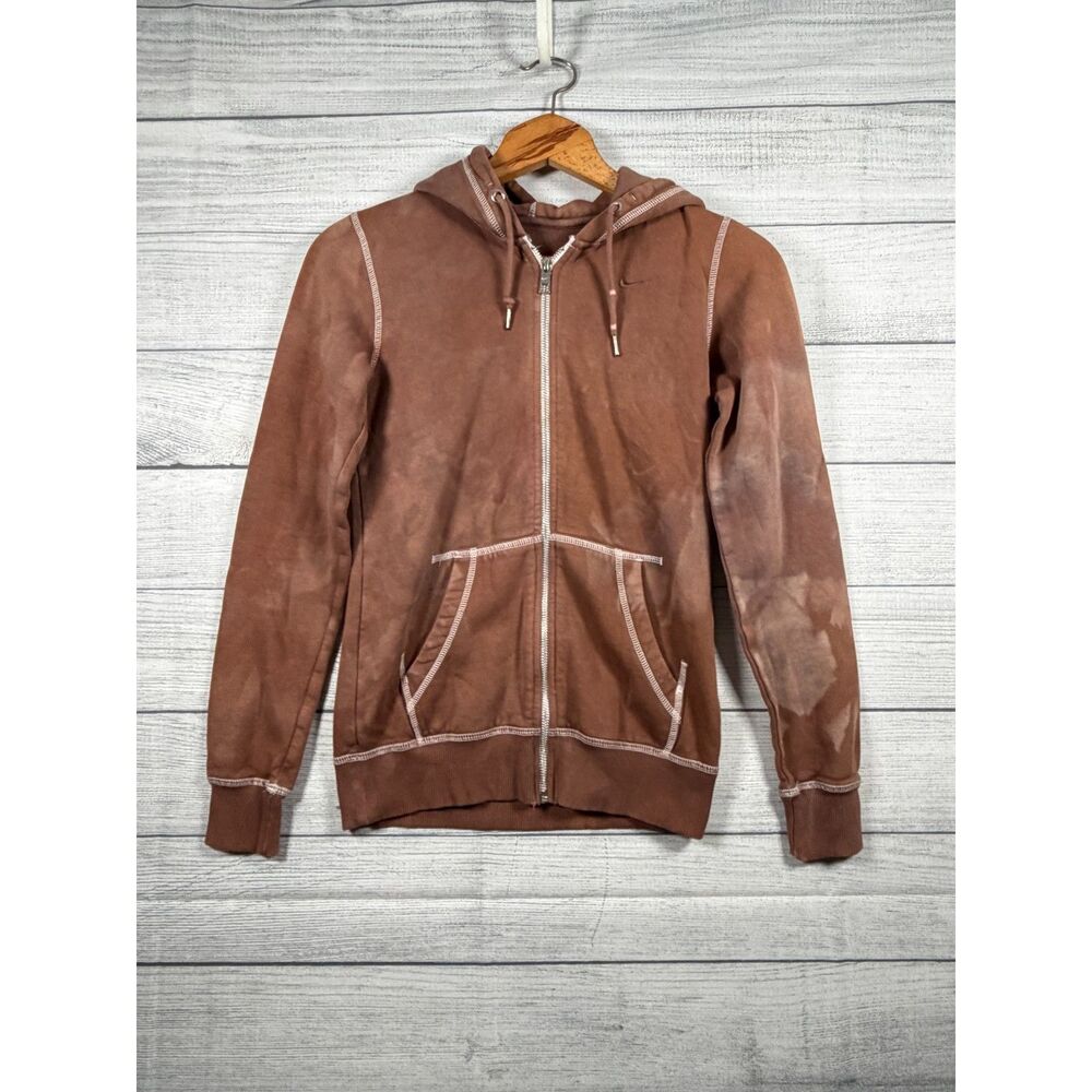 Nike Women's XS Brown Faded Full Zip Contrast Stitch Hoodie Swoosh 4285